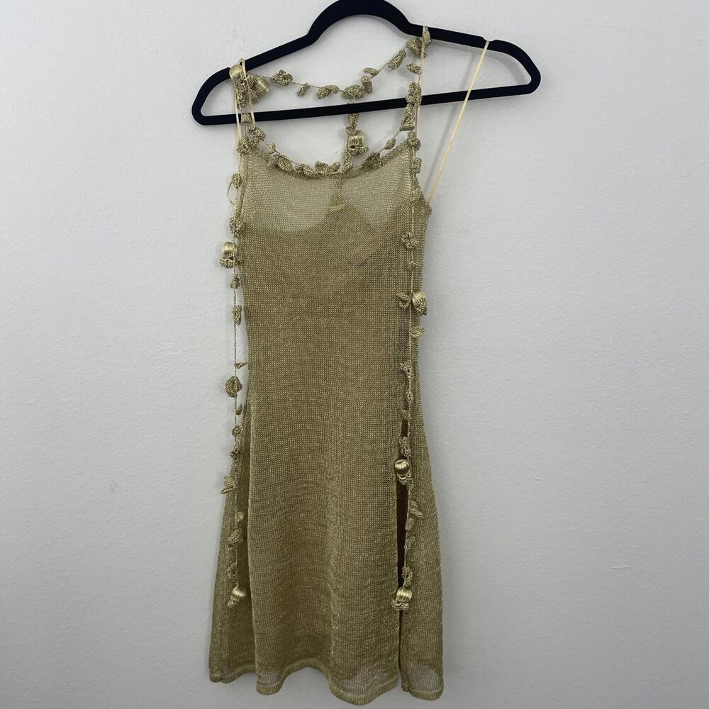 Cult Gaia Alonza Knit Dress Gold metallic crochet Mini Resort XS  $598msrp - Picture 7 of 15